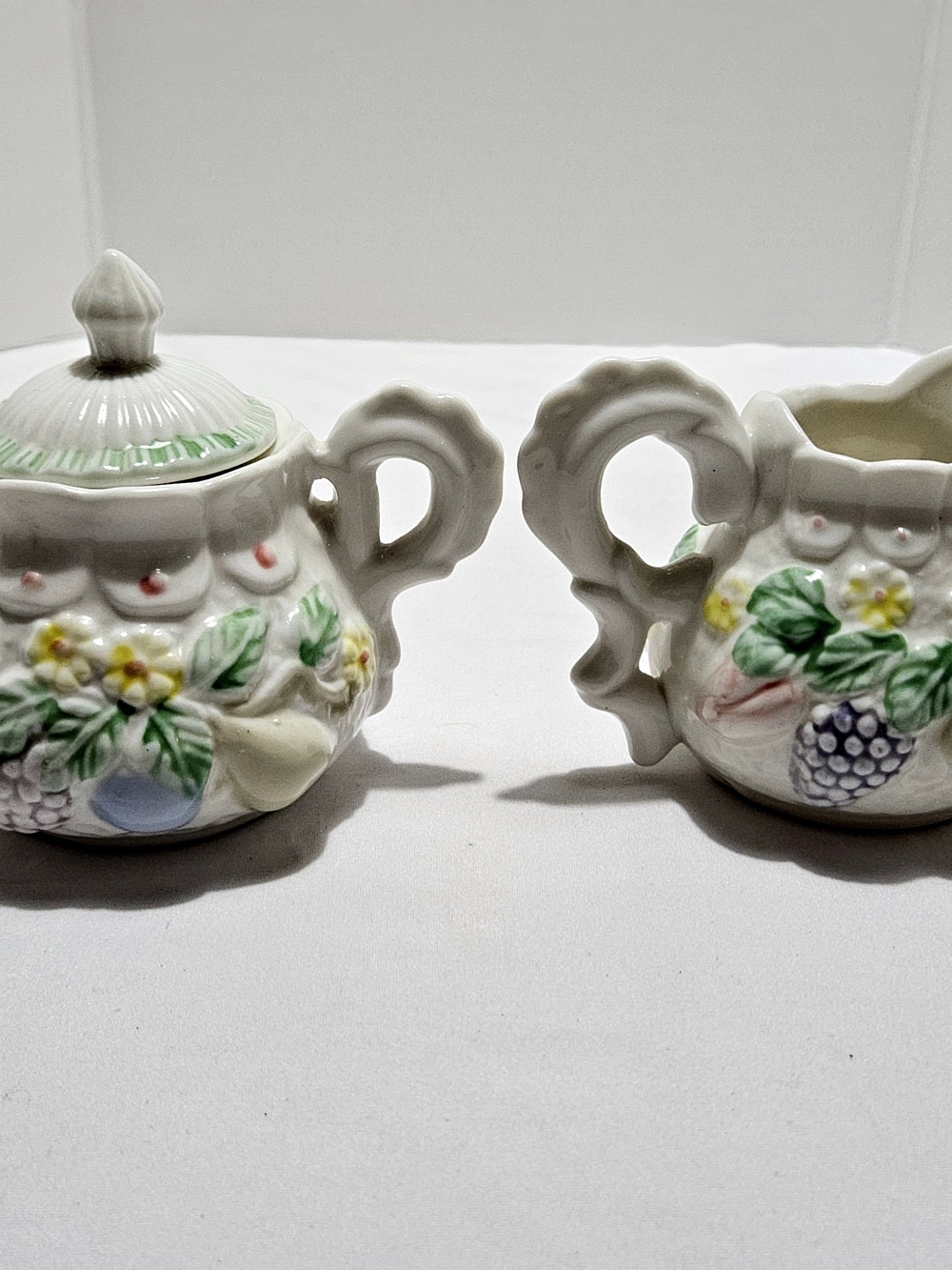 Vintage Creamer & Sugar Bowl Set • Porcelain Floral Fruit Embossed with Lid